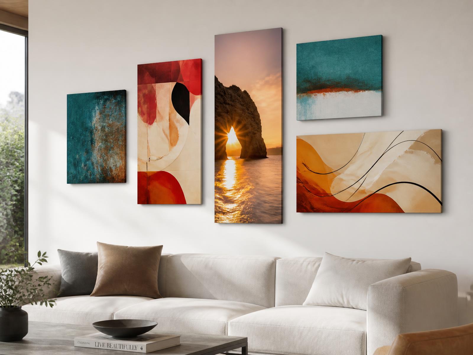 Frameless PlaqD metal art panels floating on a modern living room wall